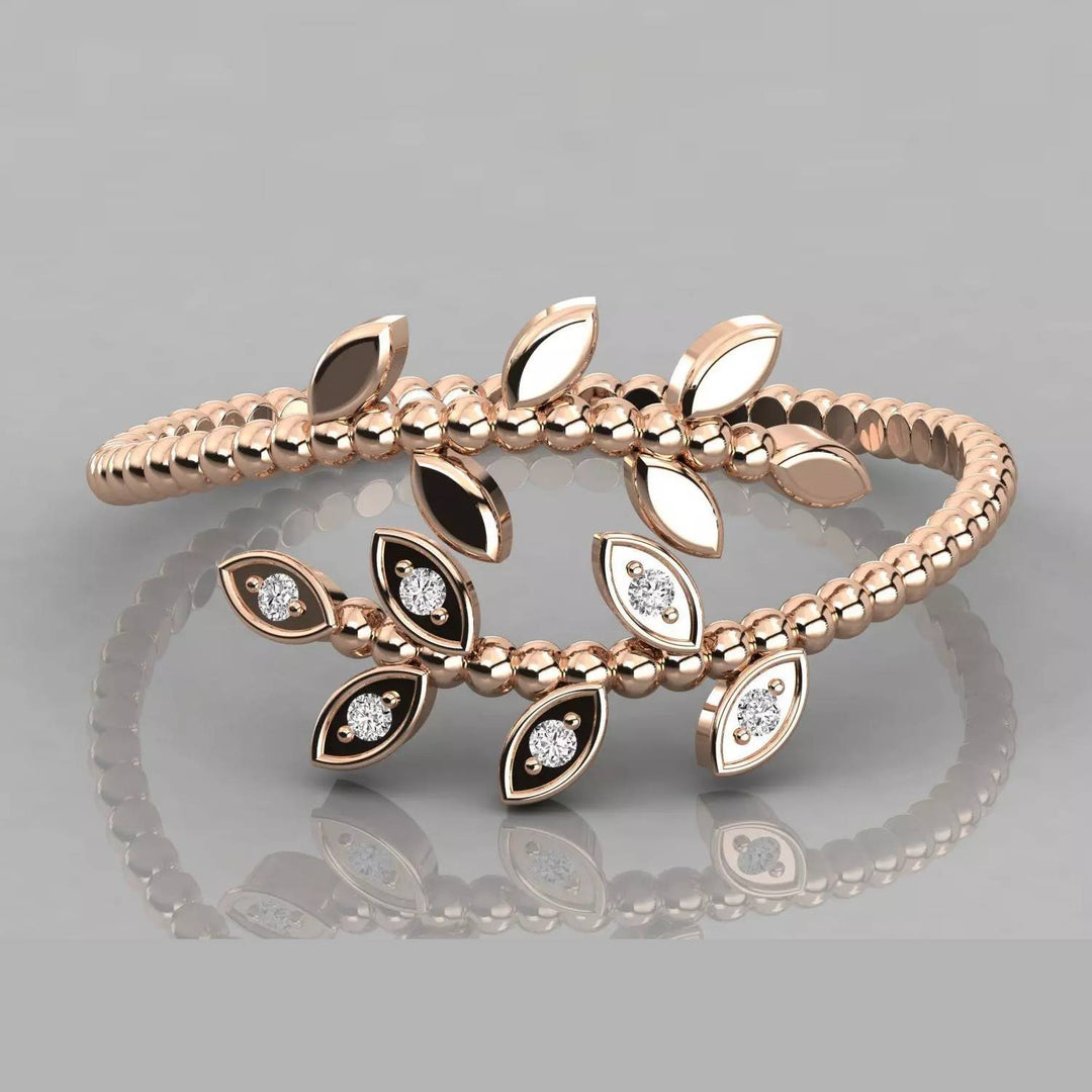 18K Gold Beaded Leaf Diamond Ring – VS2 Diamonds, 0.22ct (Adjustable Leaf Design)