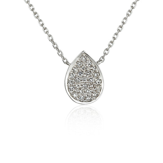 18k White Gold Micro Set Round Brilliant Cut Diamond Pear Shape Cluster Pendant And Chain