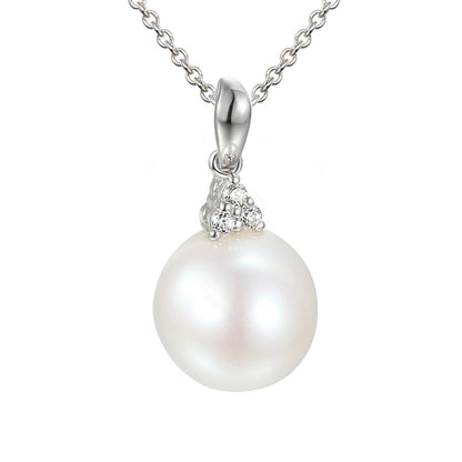 18k White Gold Round Pearl With Claw Set Round Brilliant Cut Diamond Trefoil Drop Pendant And Chain