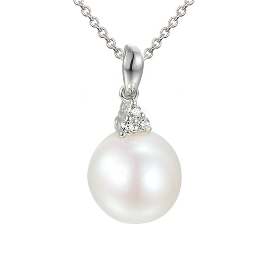 18k White Gold Round Pearl With Claw Set Round Brilliant Cut Diamond Trefoil Drop Pendant And Chain