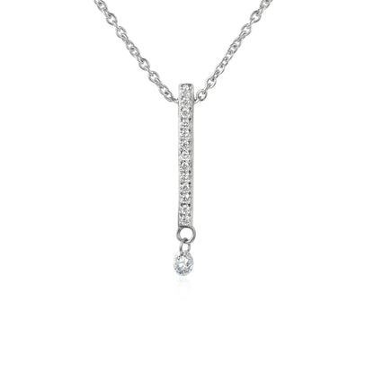 18k White Gold Round Brilliant Cut Micro Set Bar Drop With Dancing Diamond Necklace