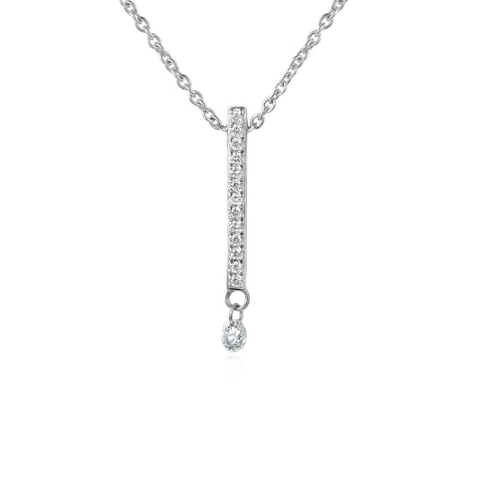 18k White Gold Round Brilliant Cut Micro Set Bar Drop With Dancing Diamond Necklace