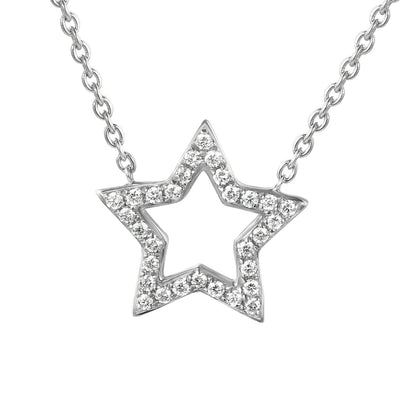 18k White Gold Round Brilliant Cut Micro Set Star Shape Necklace