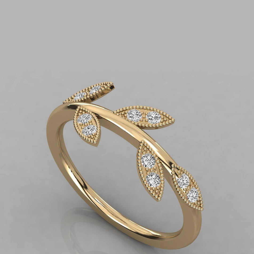 18K Gold Diamond Leaf Ring – VS2 Diamonds, 0.13ct (Nature-Inspired Design)