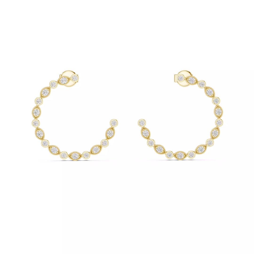 18K Gold Diamond Open Hoop Earrings – Marquise & Round Design (0.18ct, 26mm)