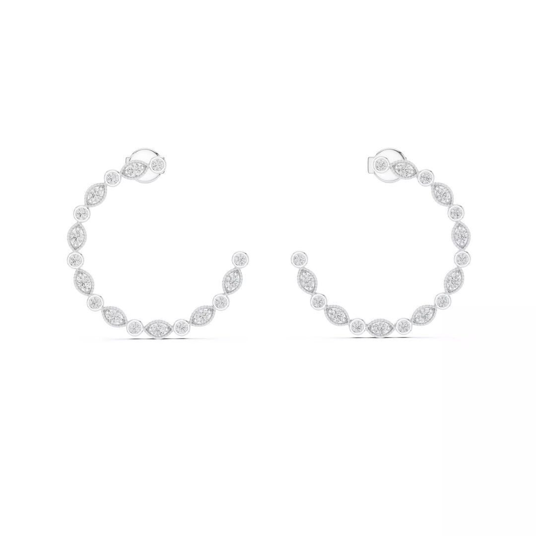 18K Gold Diamond Open Hoop Earrings – Marquise & Round Design (0.18ct, 26mm)