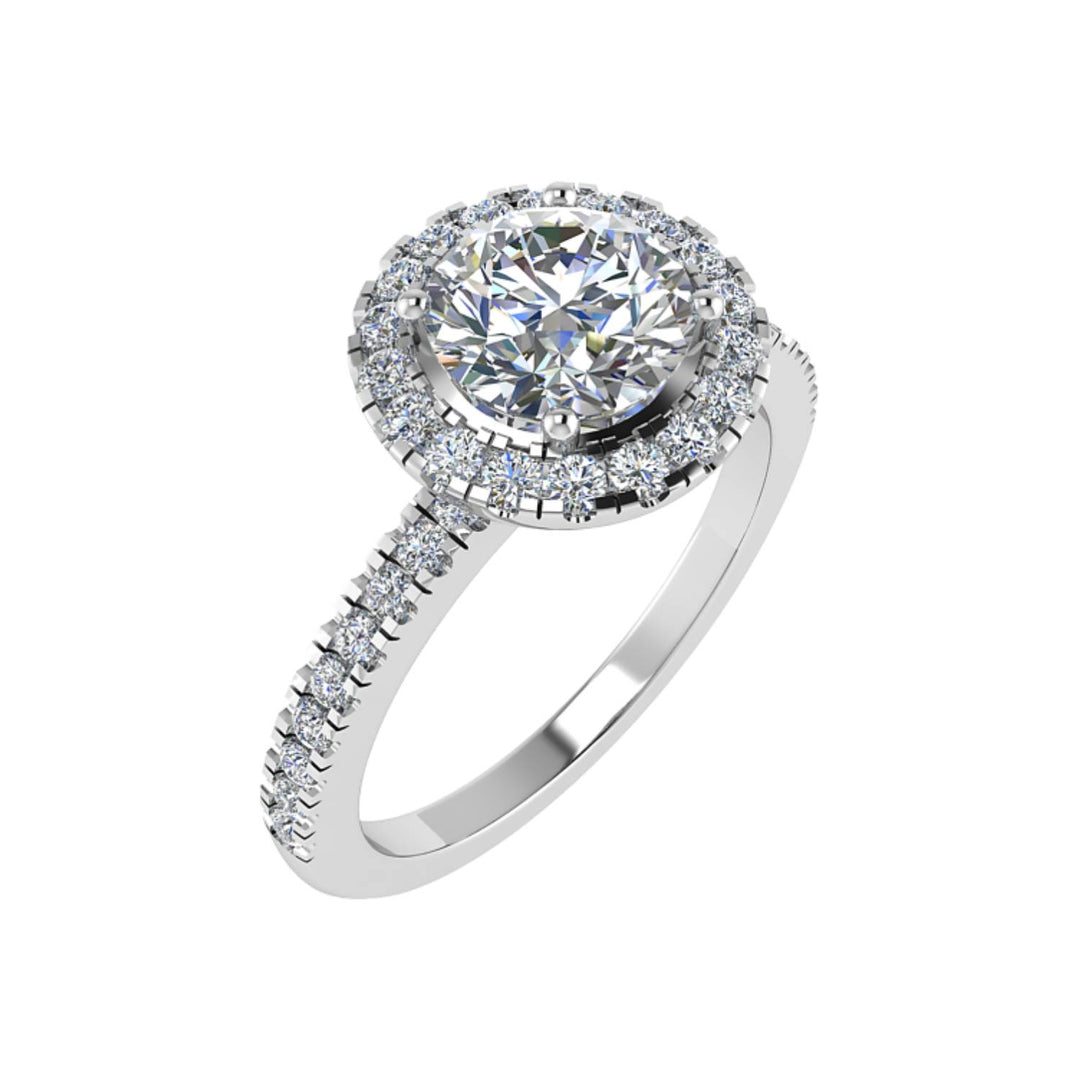 18K Gold Round Halo Diamond Engagement Ring – 1.00ct VS2 G-H, Micro-Set Shoulders