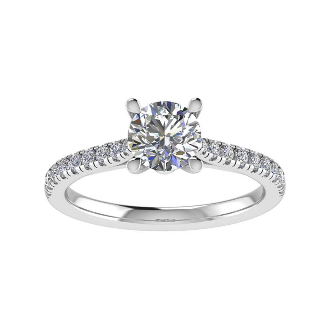18K Gold Round Diamond Solitaire Ring with Pavé Band – 1.00 ct